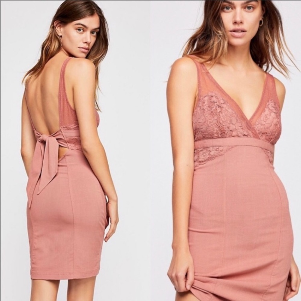 Free People Dusty Rose Lace-Trim Bodycon Dress